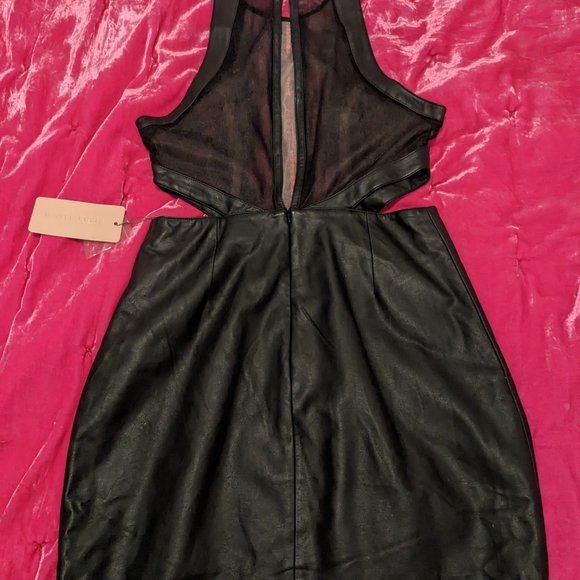 Three Floor Vegan Leather Little Black Mini Dress w/ Lace Detail - Picture 3 of 7